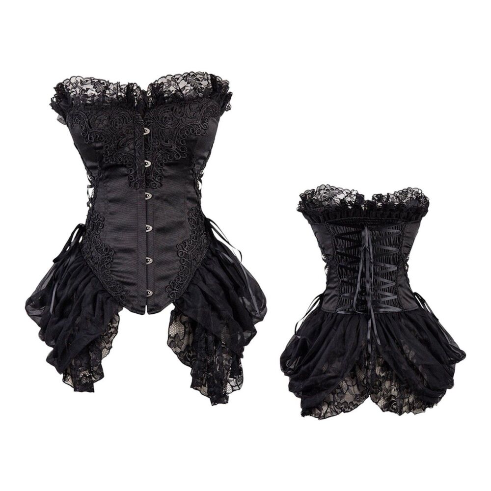 CHARMIAN Corset Womens XXL Black Satin Gothic Renaissance Lace Up Ruffle Bustier